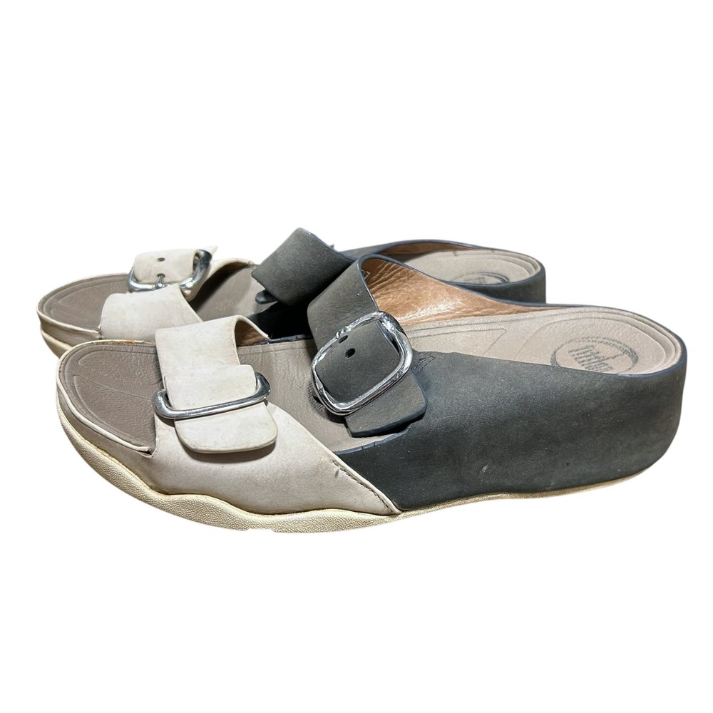 FitFlop Women 6 Two-Strap Buckle Slide Sandals Grey Cream White Colorblock - Picture 3 of 6